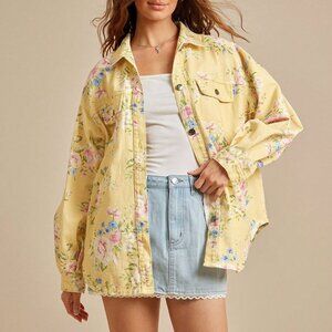 Yellow Boho Women's Floral Oversized Denim Jacket
